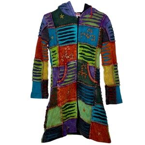 EzHippie Womens Size Small Patchwork Long Sweater Jacket Multi-Color Fully Lined